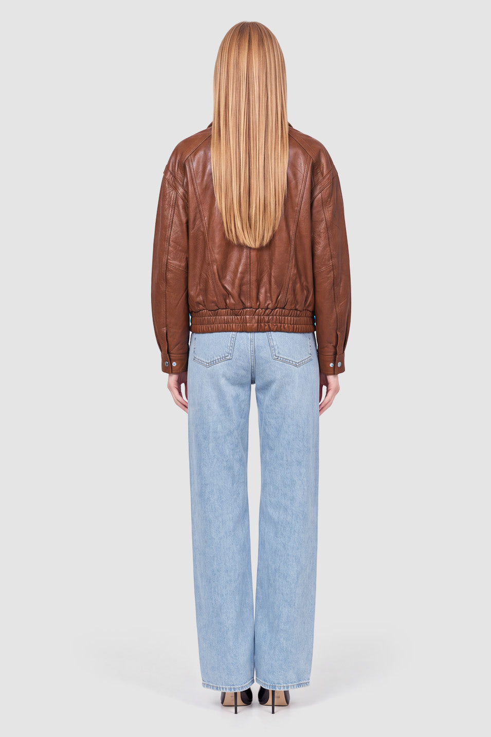 Coffee Noir Chaqueta Bomber — Cuero Café