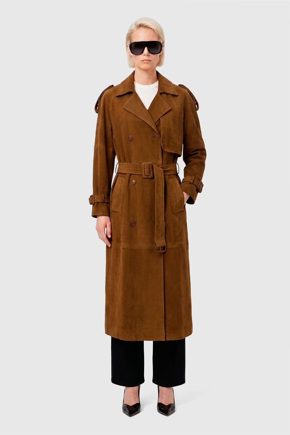 Trench suede café oscuro mujer Rose AMEN · vista frontal · diseñado en Chile