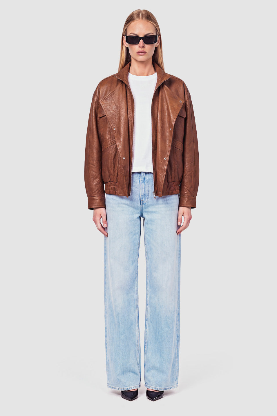 Coffee Noir Chaqueta Bomber — Cuero Café