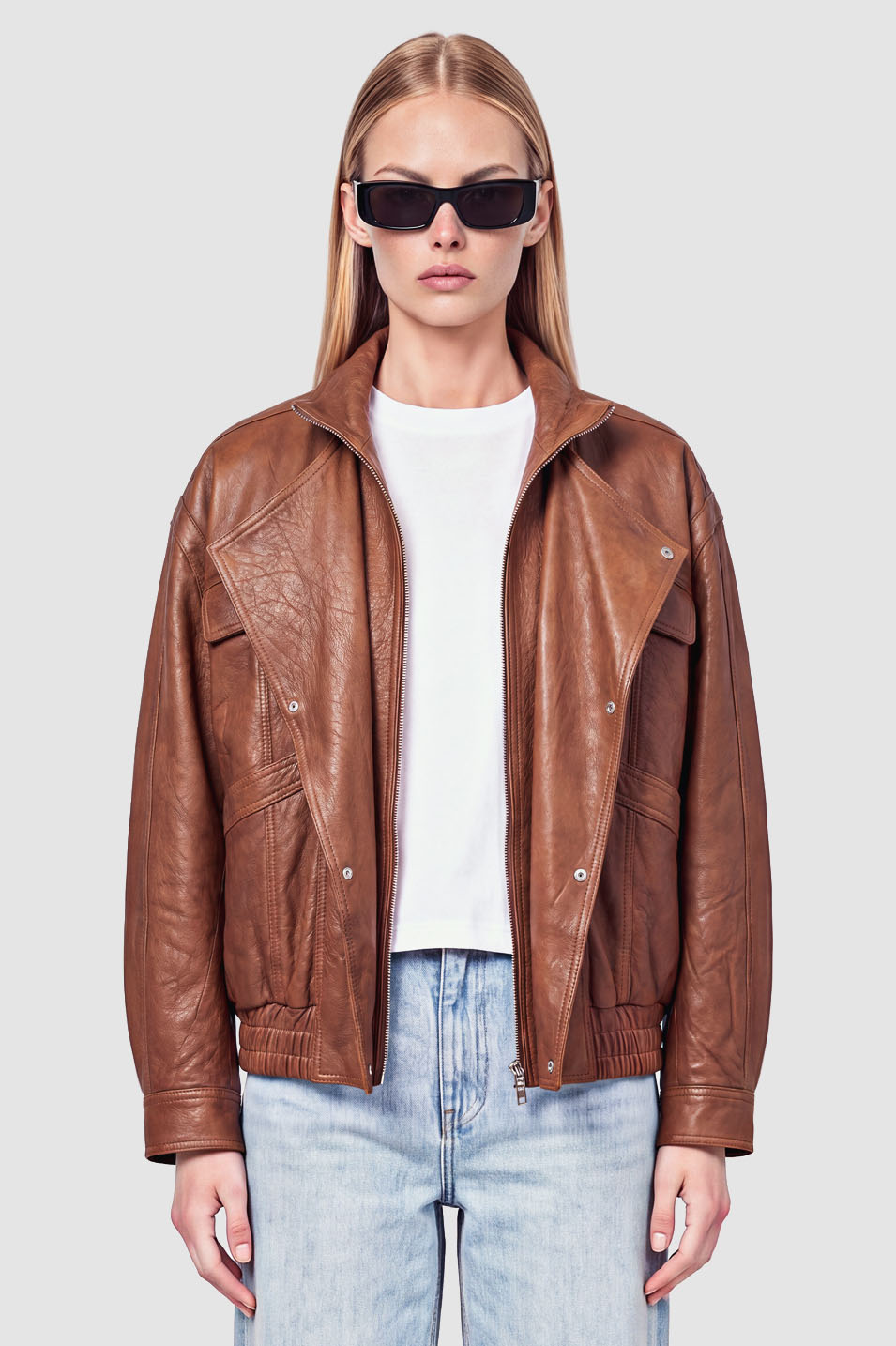 Coffee Noir Chaqueta Bomber — Cuero Café